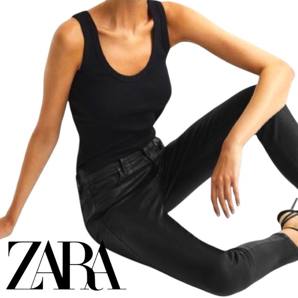 ZARA Premium Denim Black Coated Skinny Jeans Stretch Slim Fit Ankle Length Sz 4 - Picture 2 of 16